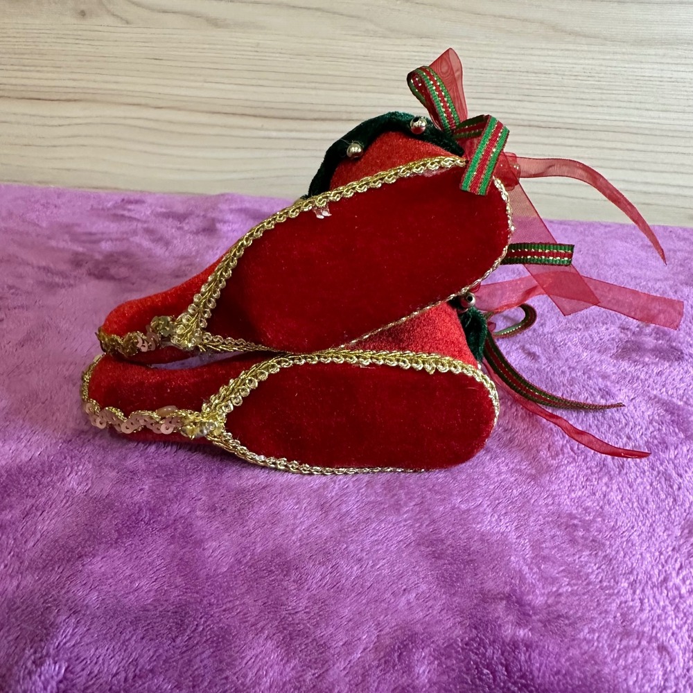 Christmas Elf Boot Ornaments Red Green Jingle Bells Sequins Set of 2 - Picture 5 of 6